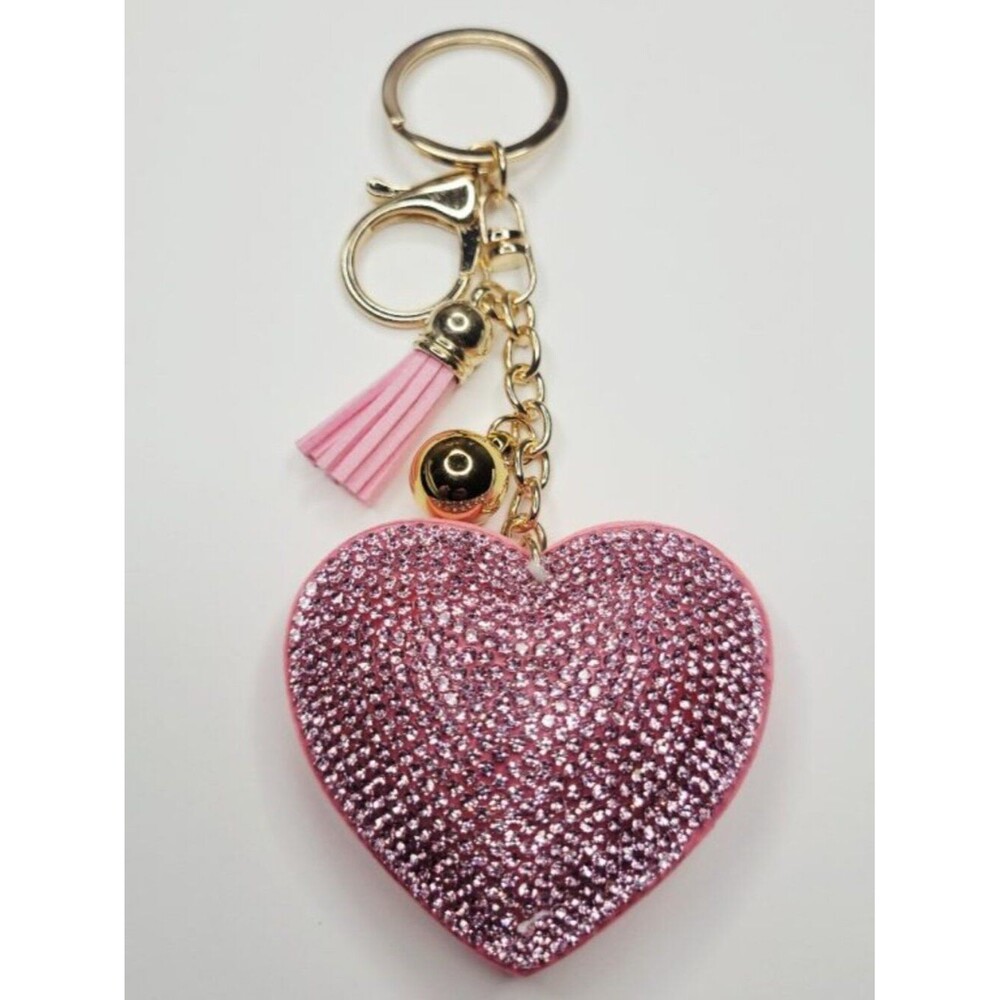 NWT Big Pink And Gold Puffy Heart Keychain With Tassel Bag Charm That Sparkles - Picture 2 of 3